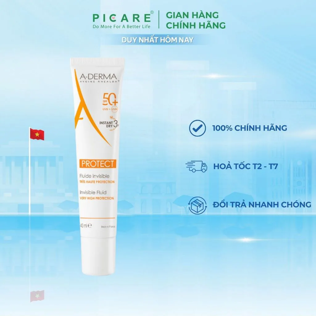 Kem chống nắng chuyên biệt dành cho da mỏng mang da nhạy cảm A-Derma Protect Invisible Fluid SPF50+ 40ml