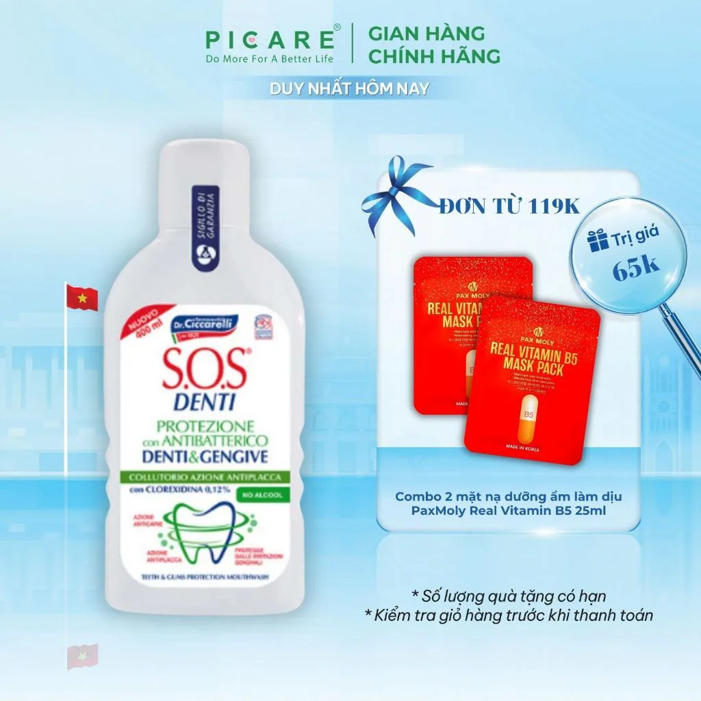 Nước súc miệng giảm mảng bám, bảo vệ răng và nướu S.O.S Denti Mouthwash With Chlorhexidine 0,12% - 400ml